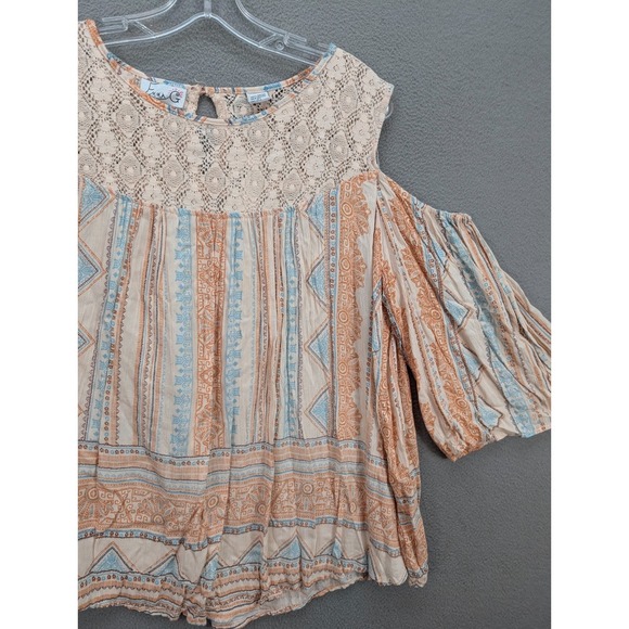 Emma G Cold Shoulder Top Crochet Lace Peasant Boho Tunic Rayon Womens Size L NWT - Picture 4 of 11